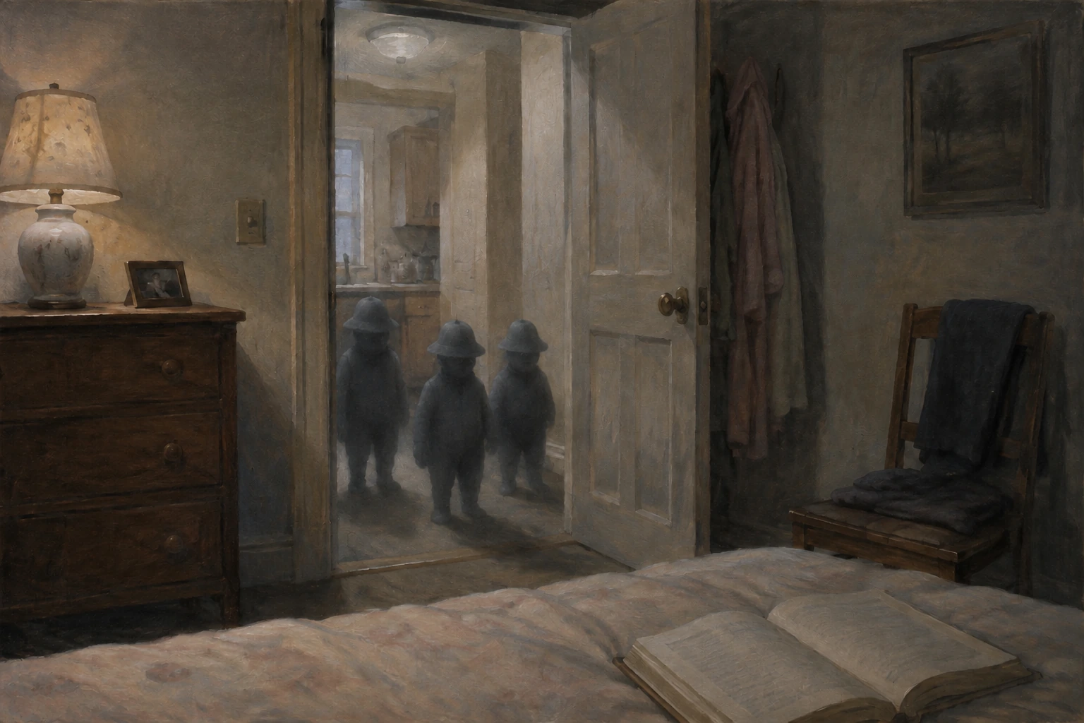 Three short bluish-gray figures wearing indistinct hats enter an ordinary bedroom with an open book.