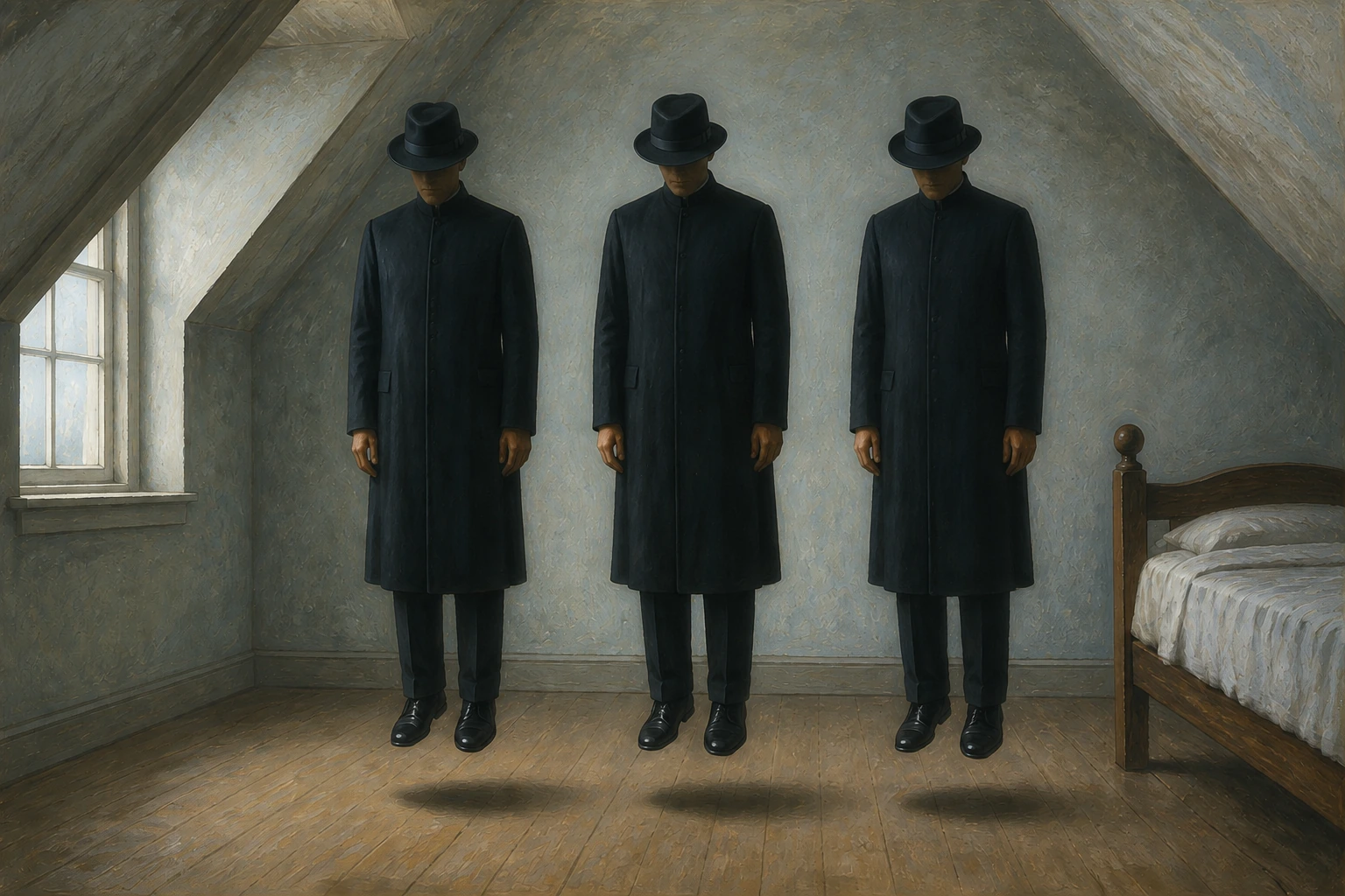 Three shaded-faced figures in black clergyman-like coats and period hats hover over the floor of a modest attic room.