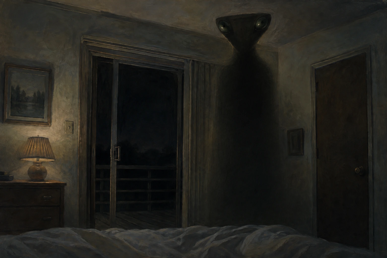 A very tall shadowed bedside presence with a triangular head and two prominent eyes beside a sliding door.