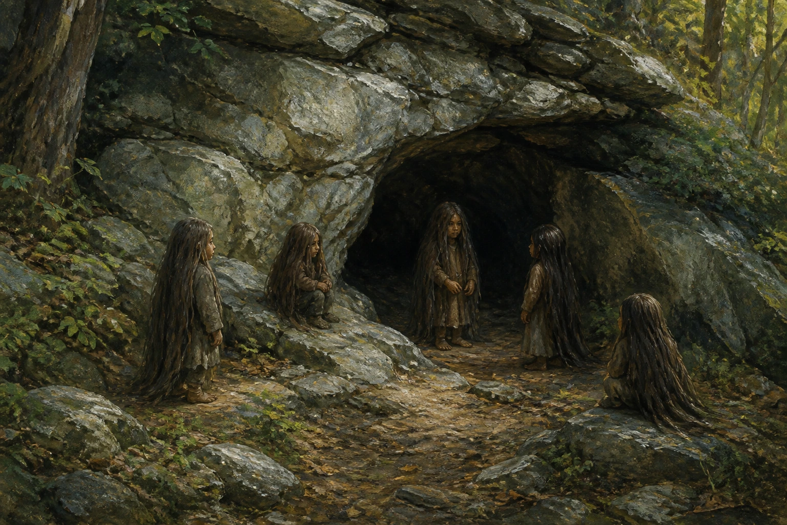 Small humanlike figures with exceptionally long hair at a wooded mountain cave.