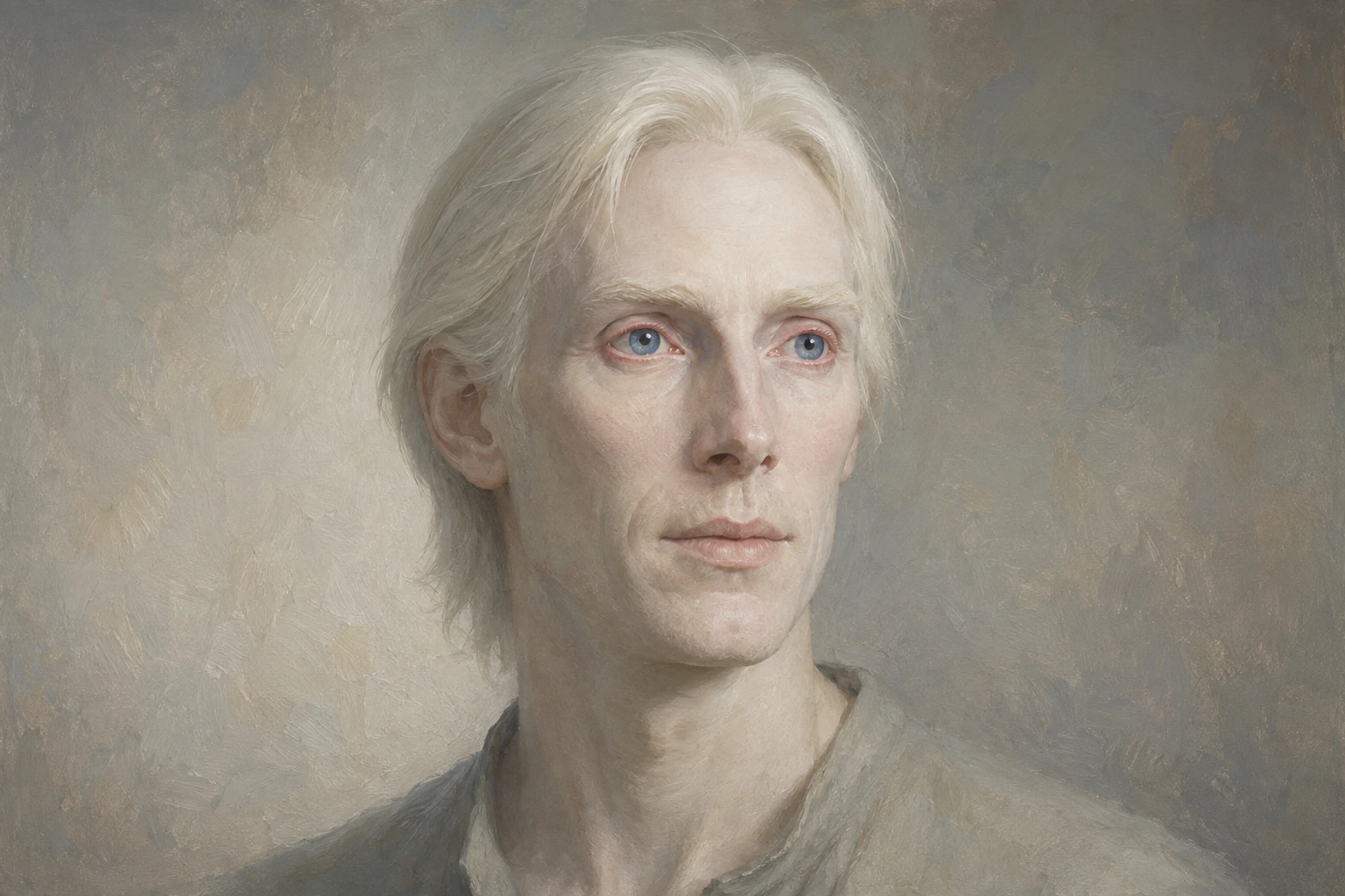 Painted portrait of a mature pale-faced man with fine platinum hair, blue irises and pinkish eye whites.