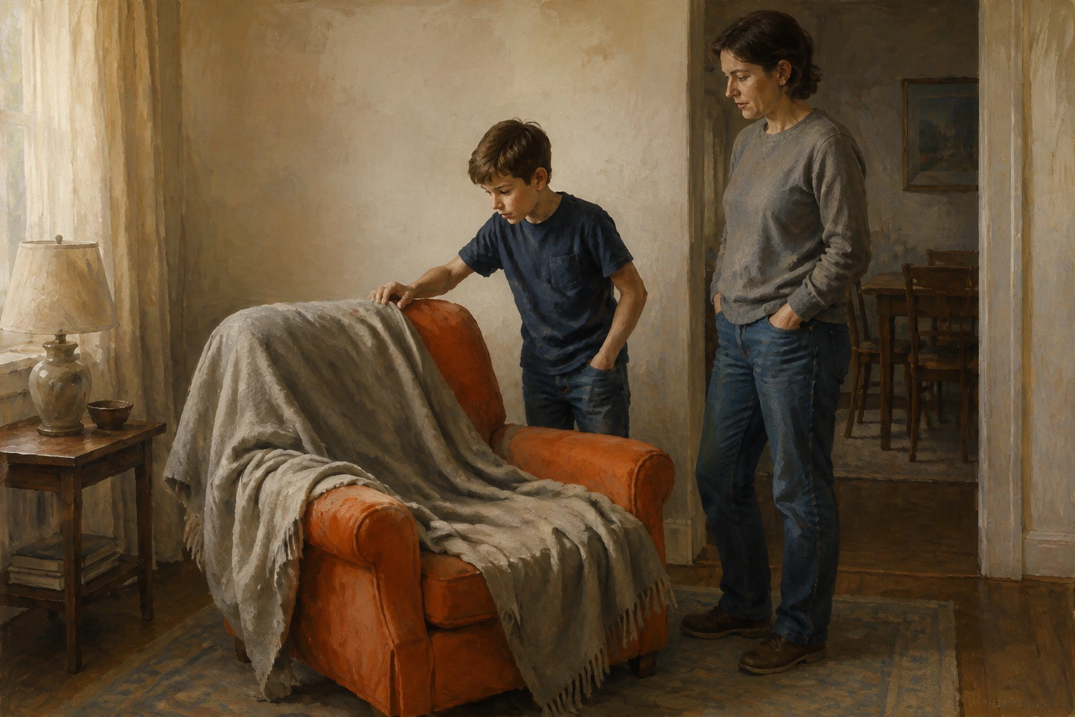 An ordinary-looking boy examines an orange upholstered chair partly covered by a blanket, with an adult nearby.