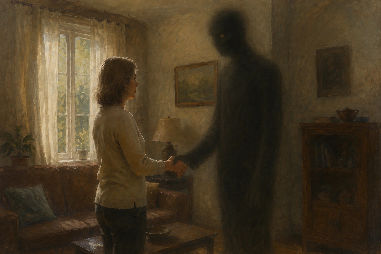A woman and a taller yellow-eyed visitor make hand contact in a living room; most visitor anatomy is deliberately obscured.