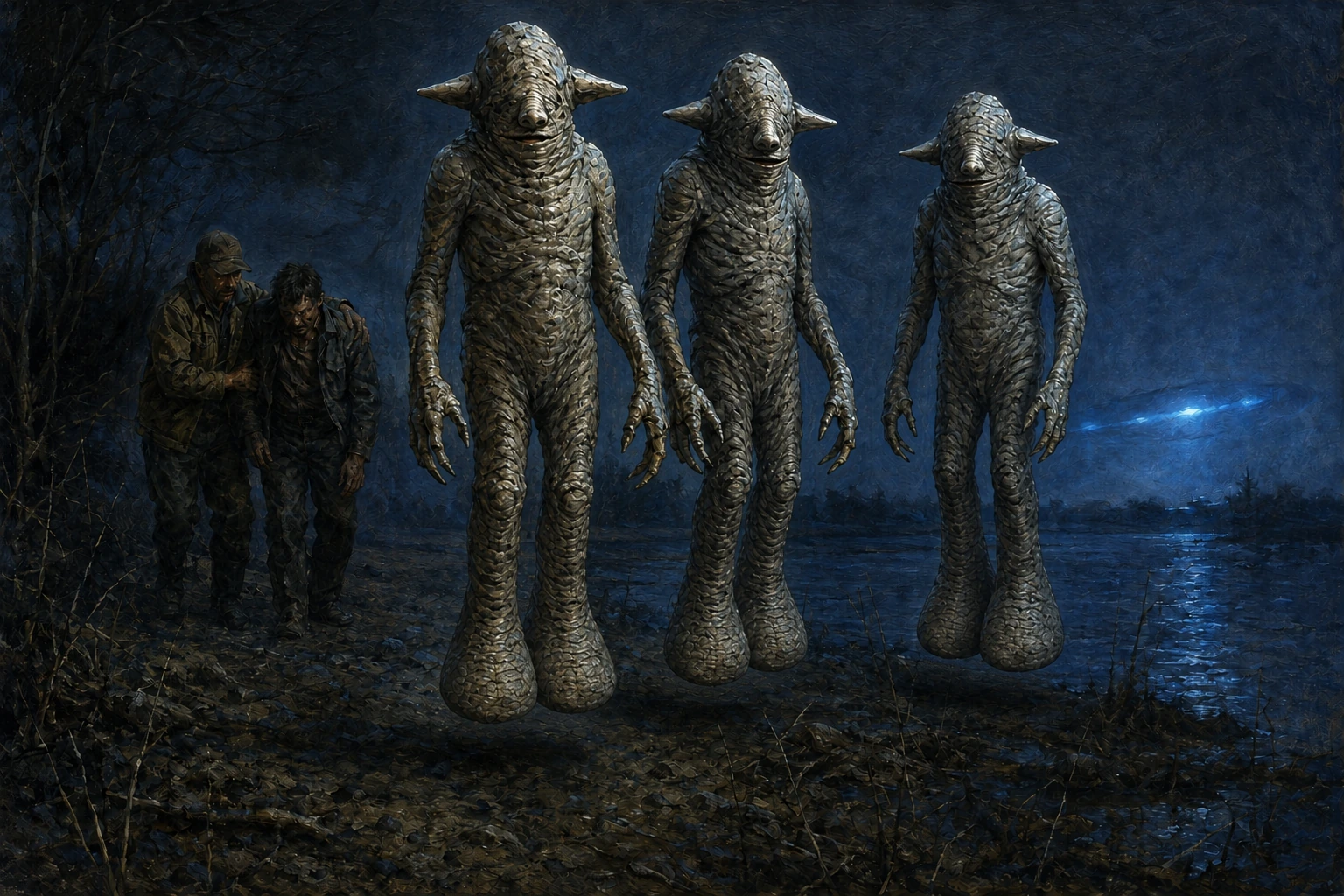 Three wrinkled, eyeless figures with conical projections, claw-like hands and rounded feet hover above a riverbank at night.