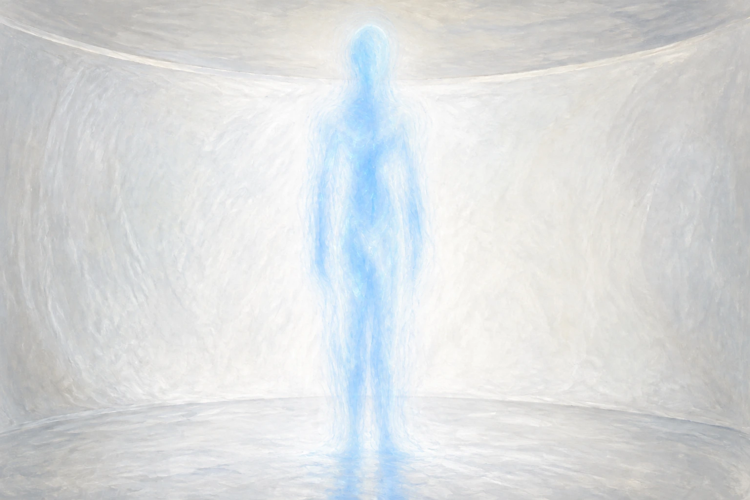 One tall, translucent and featureless blue human-shaped energy form in softly curved white surroundings.