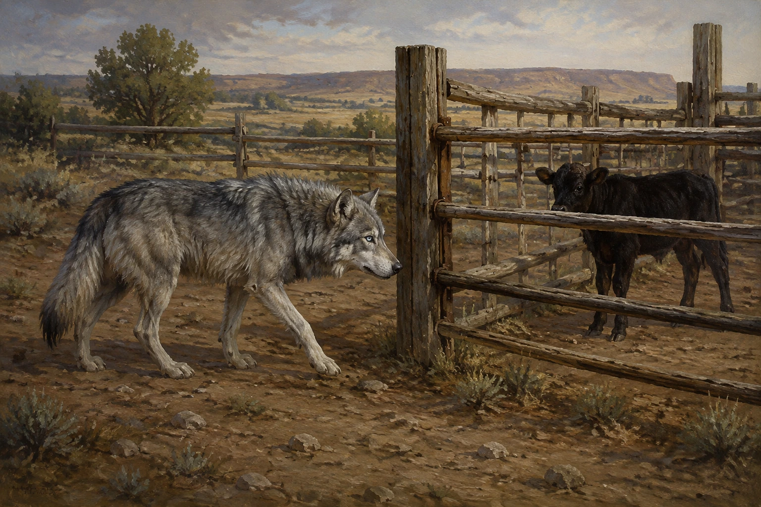 A large silver-gray quadrupedal canid with pale-blue eyes approaches a calf pen on a ranch.