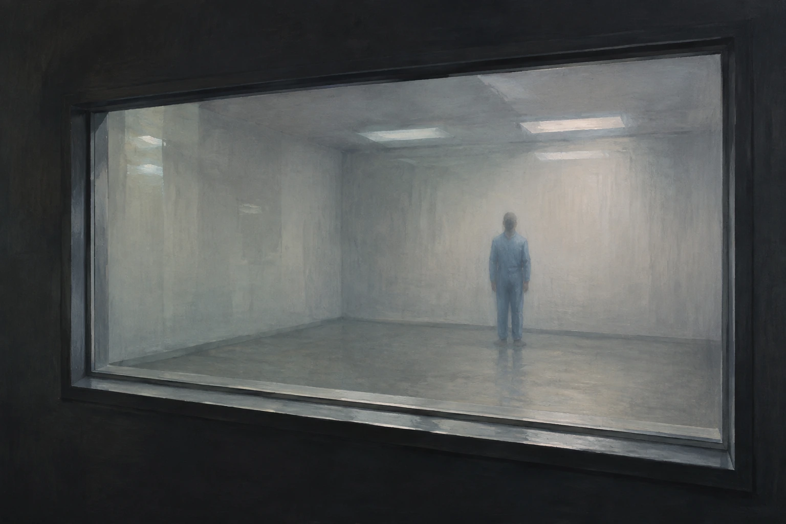 An indistinct standing figure in a light-blue jumpsuit seen through a large observation window.