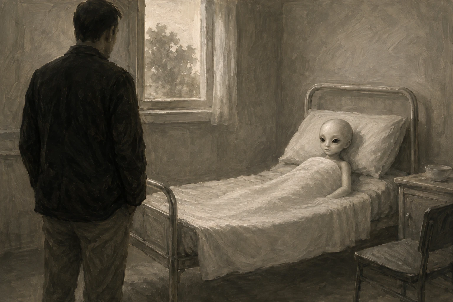 A small, hairless figure rests semi-upright under a sheet on a simple hospital bed, watched from a distance by a man in street clothes.
