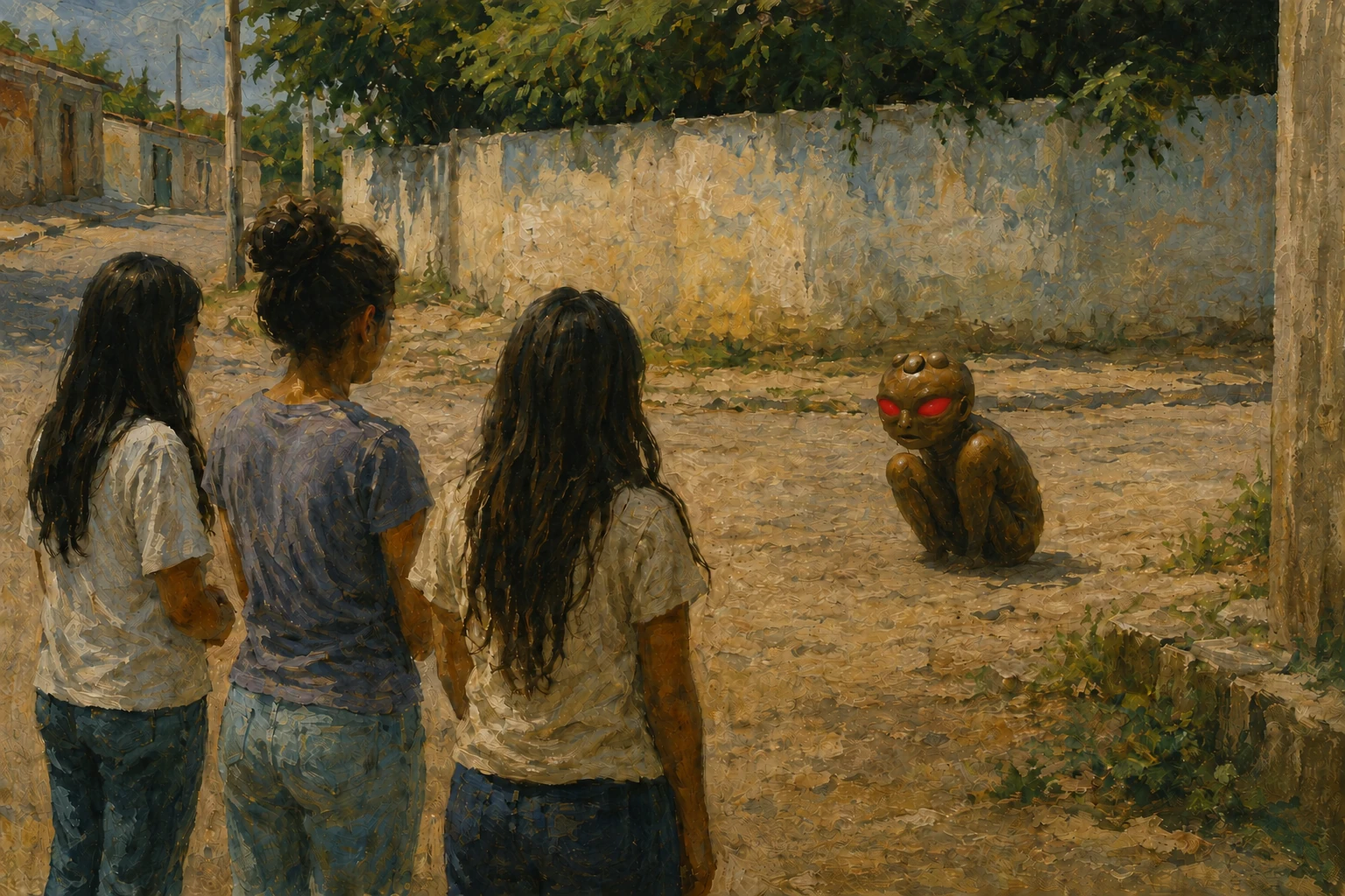 Three observers face a crouched brown figure with large organic red eyes and three rounded head protrusions beside a wall.