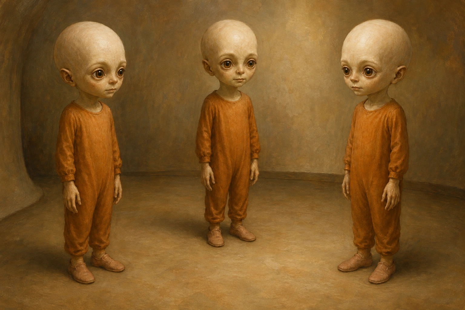 Three slight bald figures with brown irises and loose orange-brown clothing in a painterly interior.