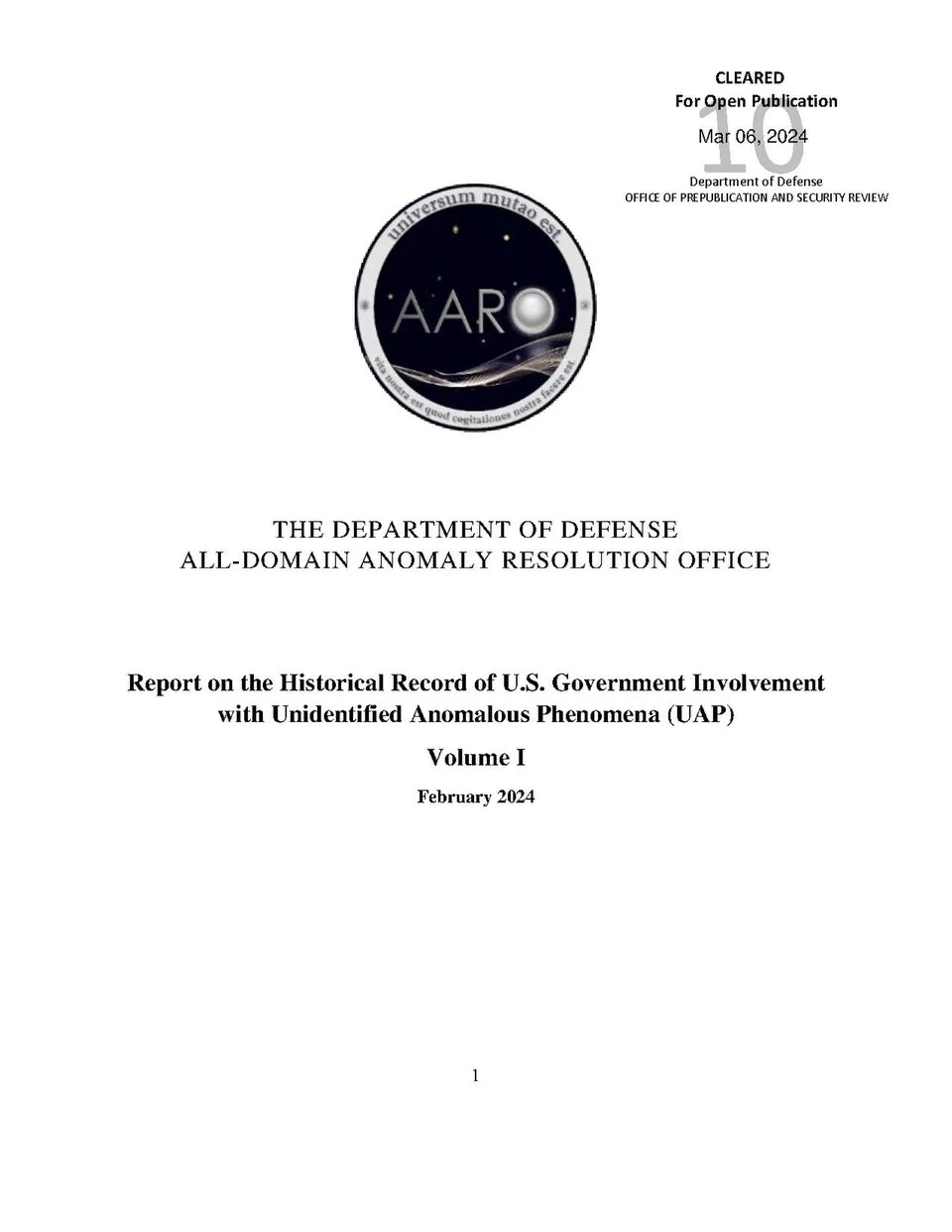 AARO Historical Record Report, Volume I (March 2024)