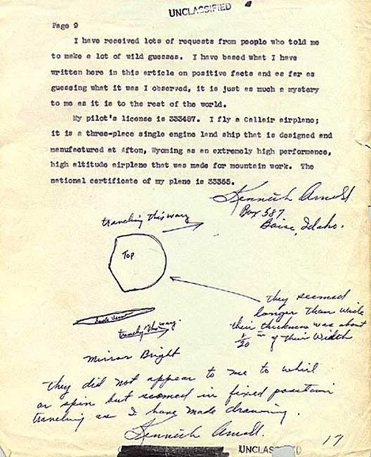 Kenneth Arnold's letter and sketch, July 1947