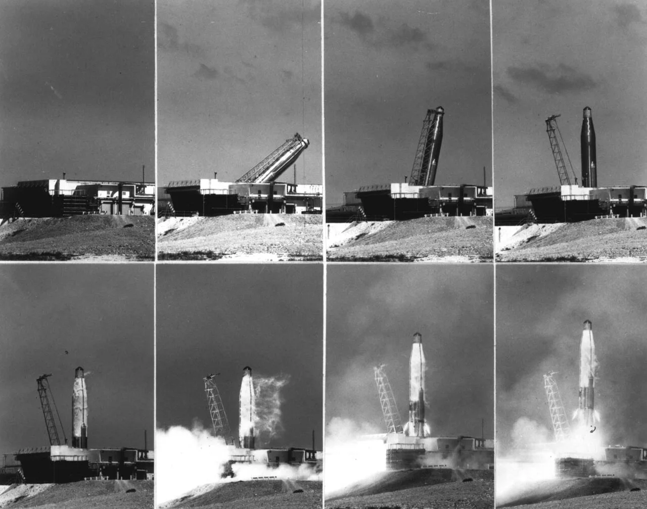 Atlas ICBM raised for launch (1960s)