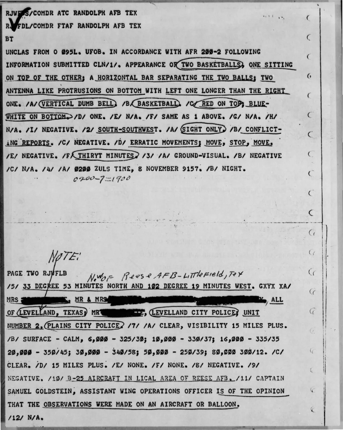 Project Blue Book file, Levelland, November 1957