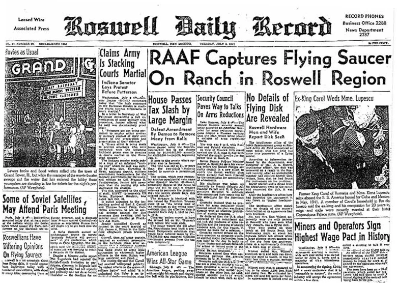 Roswell Daily Record front page, 8 July 1947