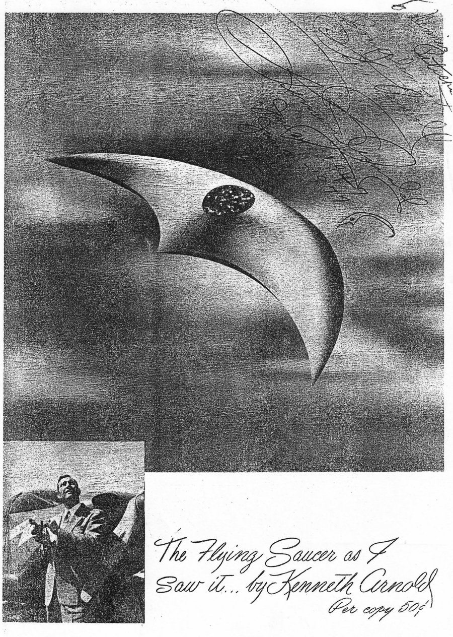 Deep crescent craft-like illustration with central mottled spot, booklet title, price, Arnold inset photograph and handwriting across the cover.