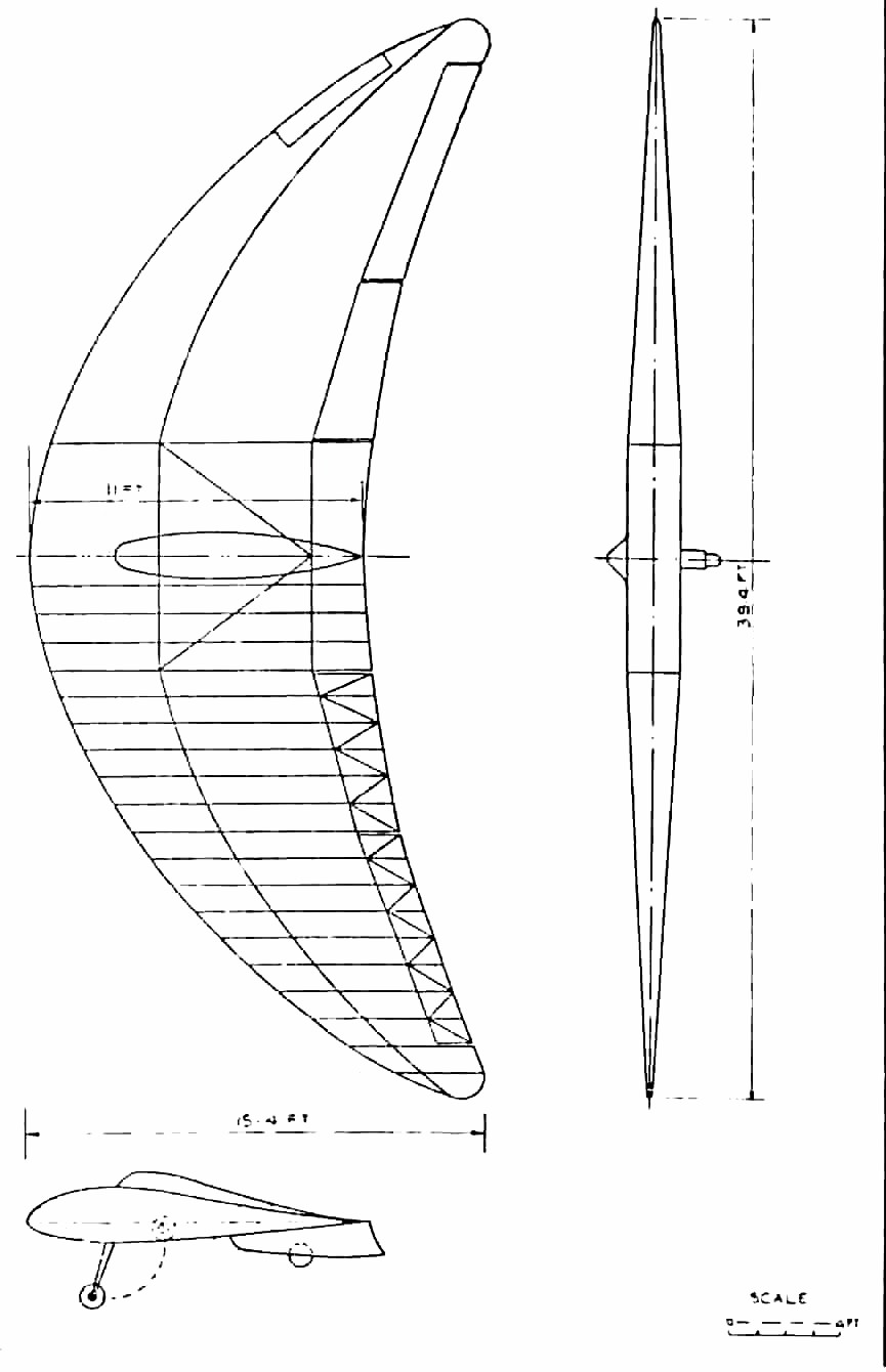 Multiple views of a crescent/curved flying-wing glider with structural ribs, cockpit fairing, undercarriage and scale; top view presented sideways in the source.