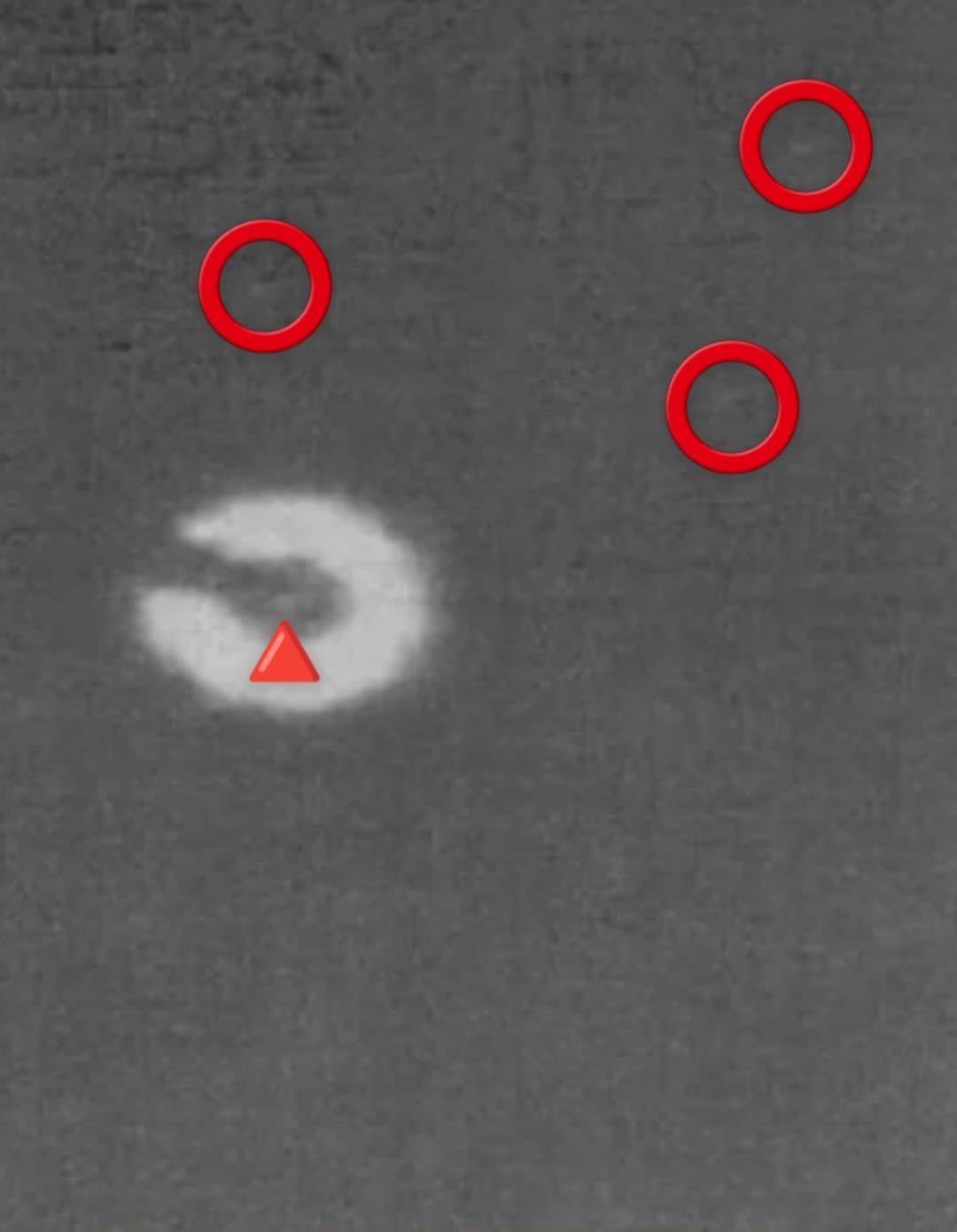 Three red circles mark faint regions; a triangle covers part of the central area.