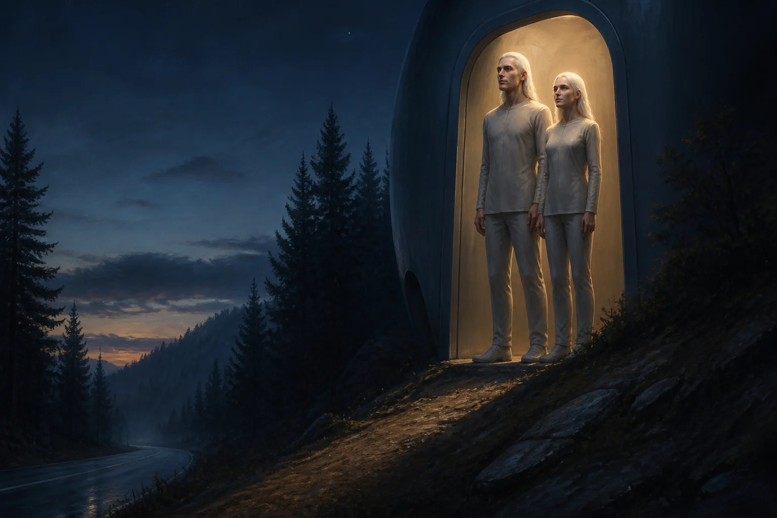 Painted interpretation of two tall pale-haired figures at a bright doorway above a wooded road