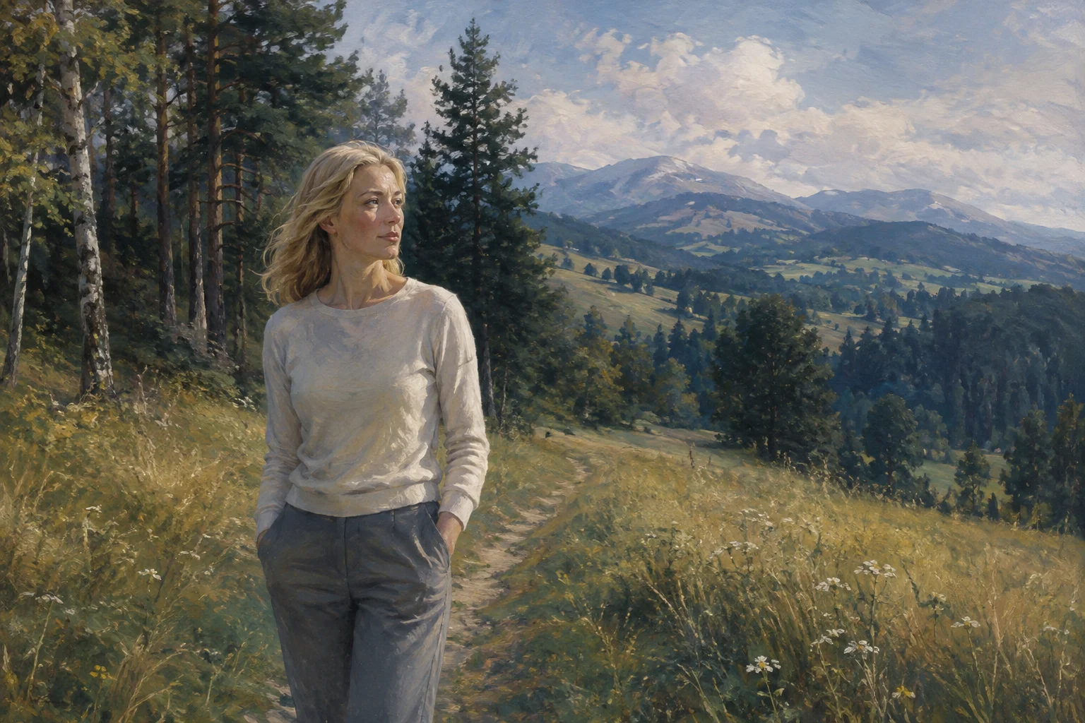 Painted interpretation of a light-blond-haired adult woman at a Swiss woodland edge