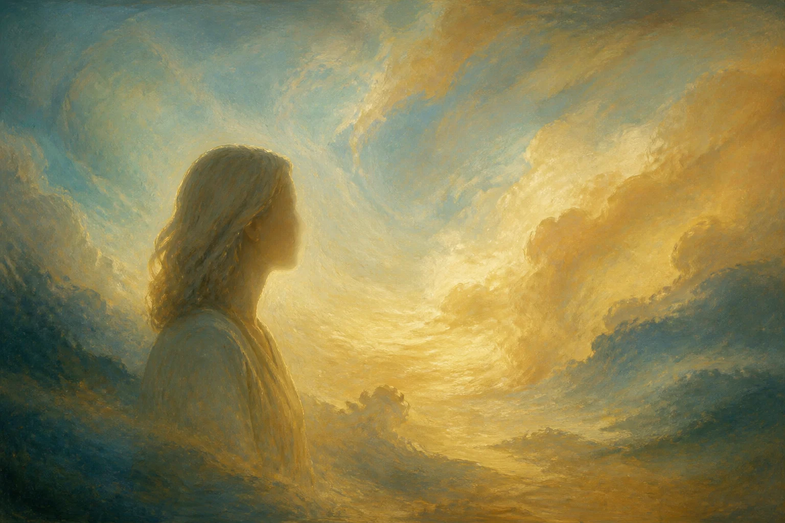 Symbolic painterly scene of a human figure and a luminous atmospheric landscape
