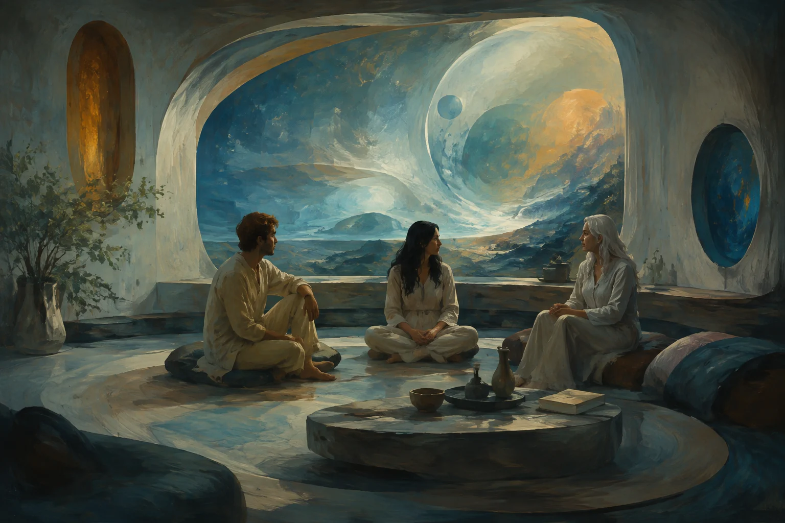 Symbolic painting of humanlike figures with different hair colors in a luminous speculative setting