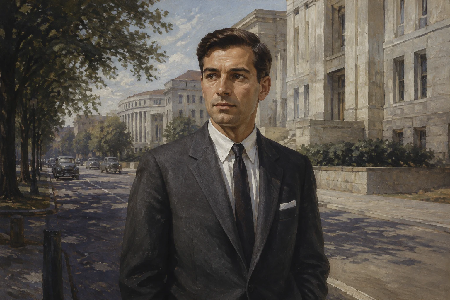 Editorial painting of a brown-haired man in a mid-century suit in a Washington civic setting