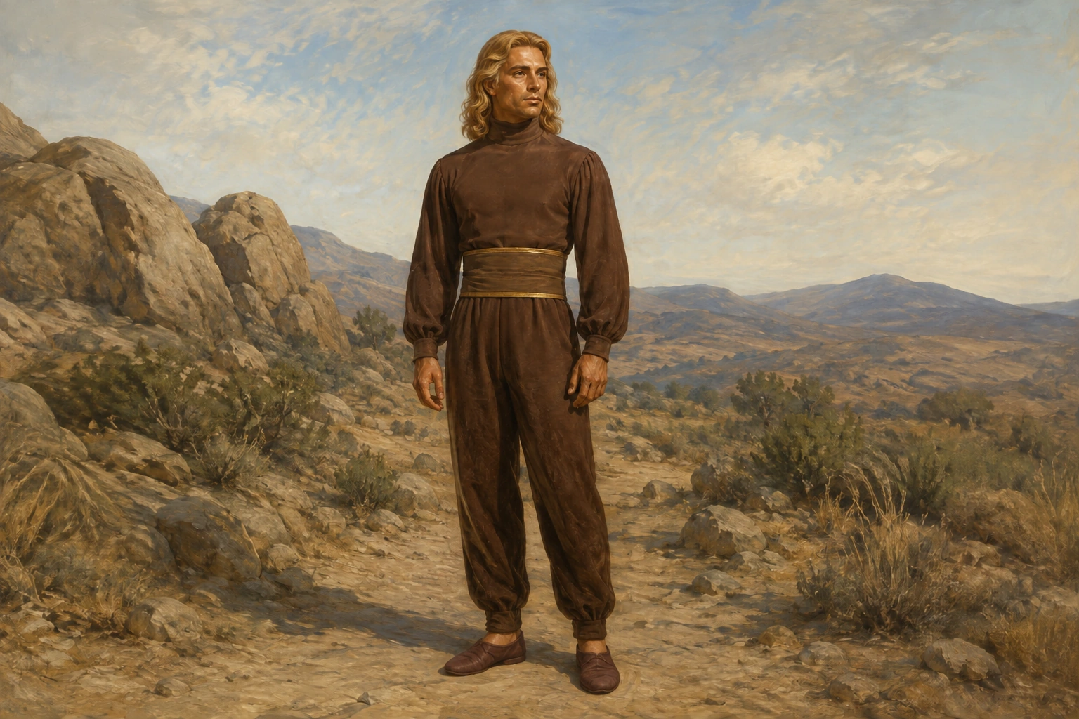 A clean-shaven sandy-haired adult with shoulder-length waves, in a brown high-neck one-piece garment in a rocky desert