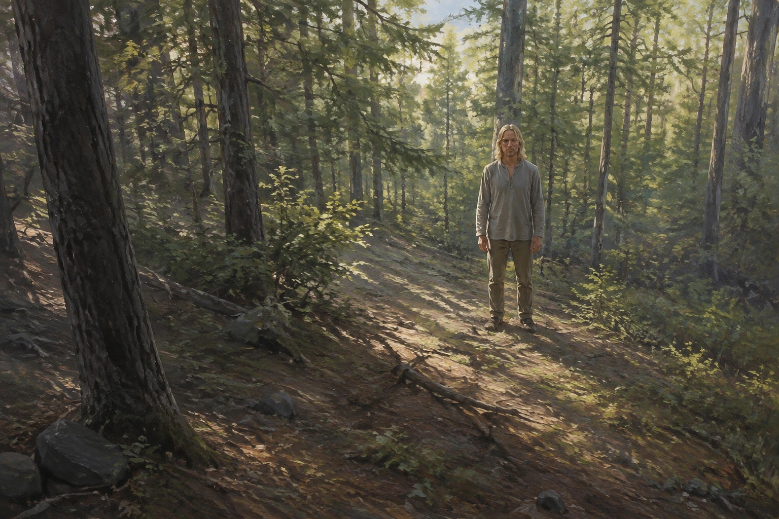 One longish-blond-haired adult farther downhill in a wooded property on Orcas Island, without buildings or bystanders