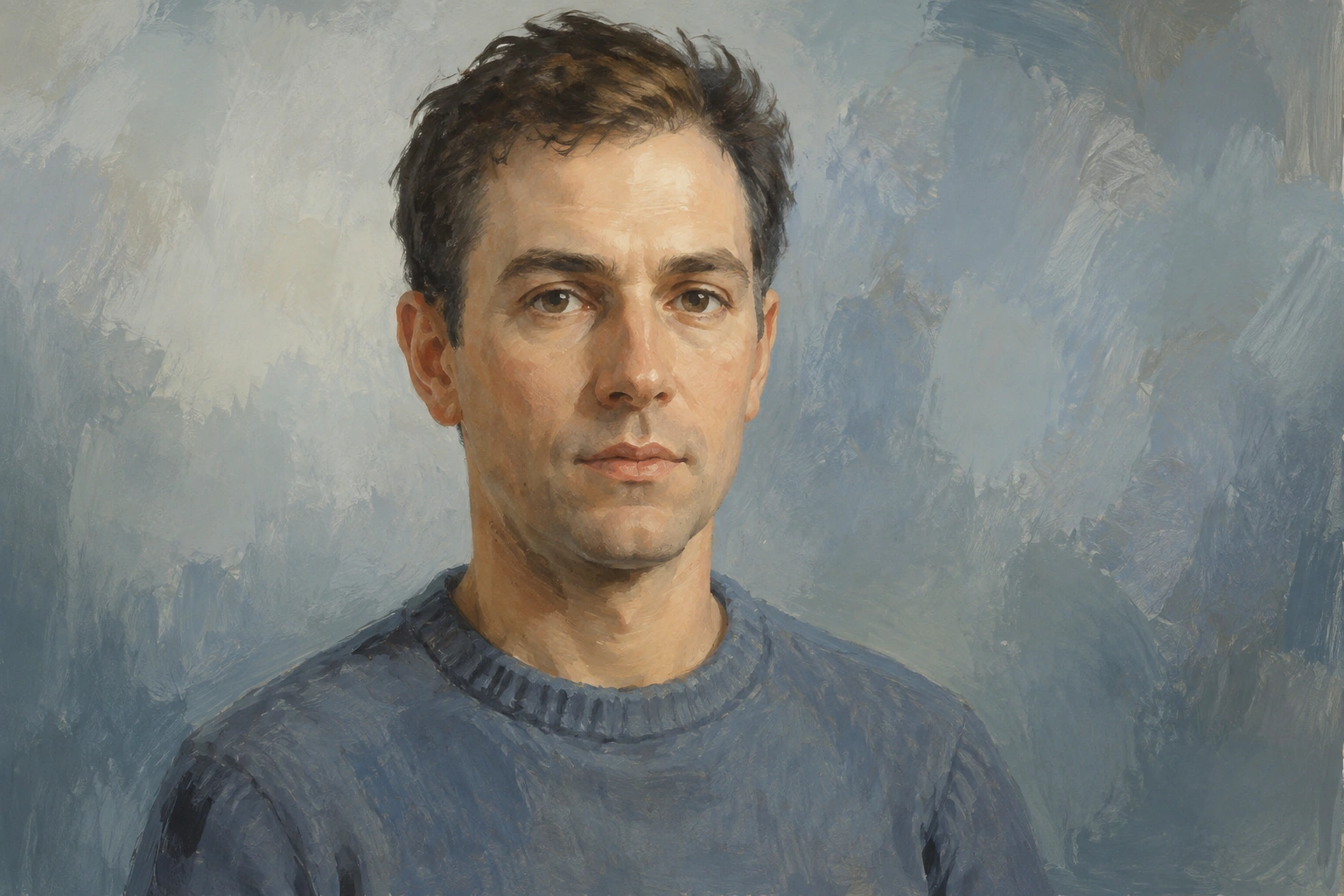 A painterly human-presenting adult against an abstract background, not an authenticated visitor portrait