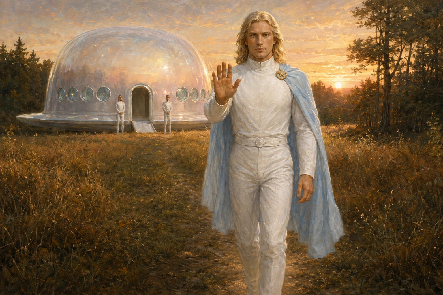 A long-blond-haired figure in a high-neck white uniform and blue cape approaches from a large cup-in-saucer craft with two attendants at its doorway