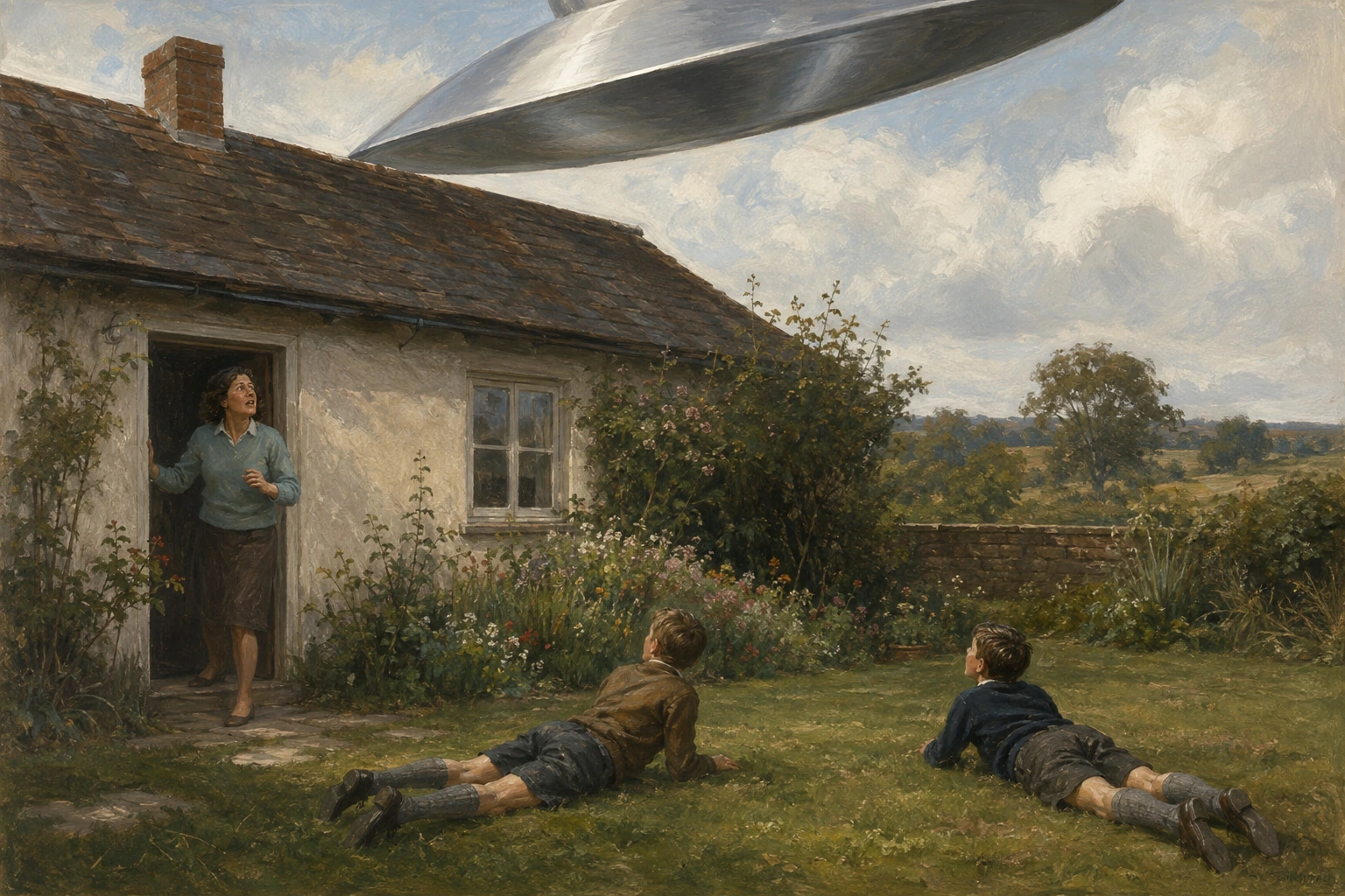 A painted mother emerging from her own rural cottage, two sons prone in the garden, with part of a silver object above the roof