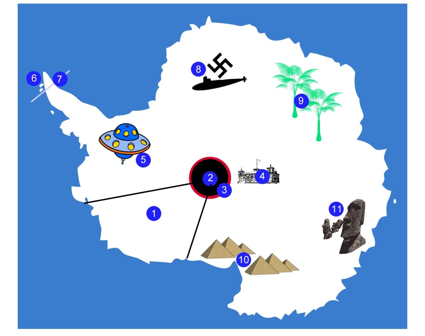 Satirical Antarctica map from Cool Antarctica, including deliberately fictional features